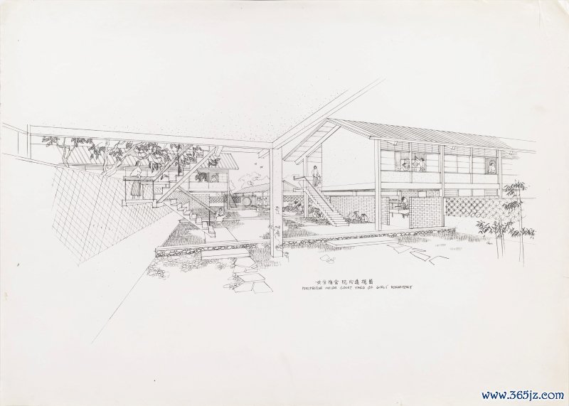 陈其宽（绘图师），贝聿铭建筑师，《东海大学（1954–1963）女生宿舍庭院内透视景观，台中》，约1955年，复印本。图片：M+，香港，获授权数码复制。© Pei Cobb Freed & Partners